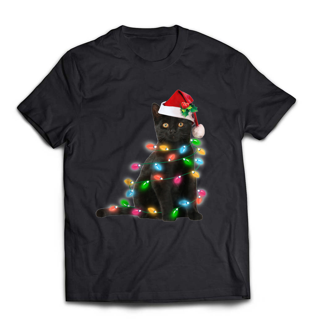 “Black Cat Christmas Light T-Shirt” – A Fun and Festive Tee for Cat Lovers